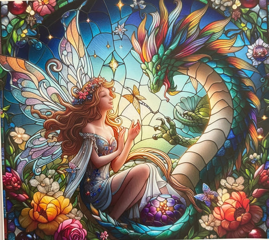 30 Ounce Playful Fae and Dragon stained Glass