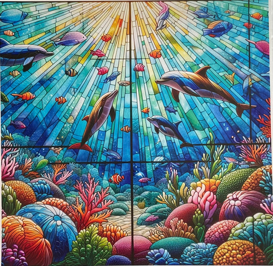 Under The sea dolphins stain glass, 35 ounce Detailed
