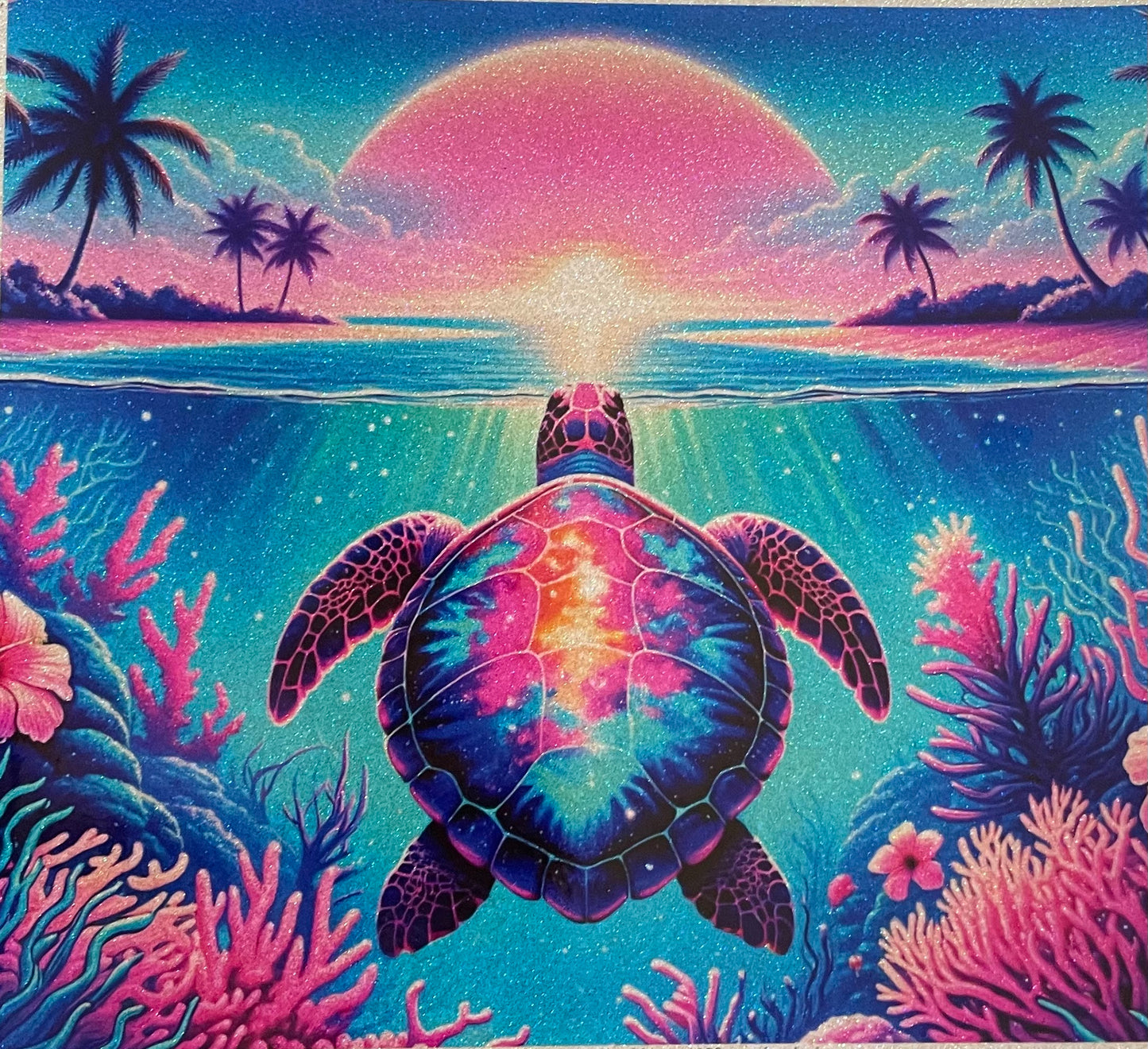 Tropical  pink, purple turtle, glitter, vinyl glow cup, 30 ounce
