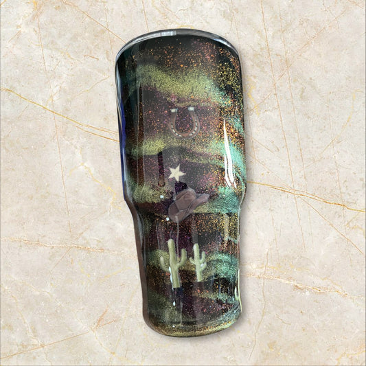 #71 Green brown, cactus, western hat and horseshoe 30 ounce modern