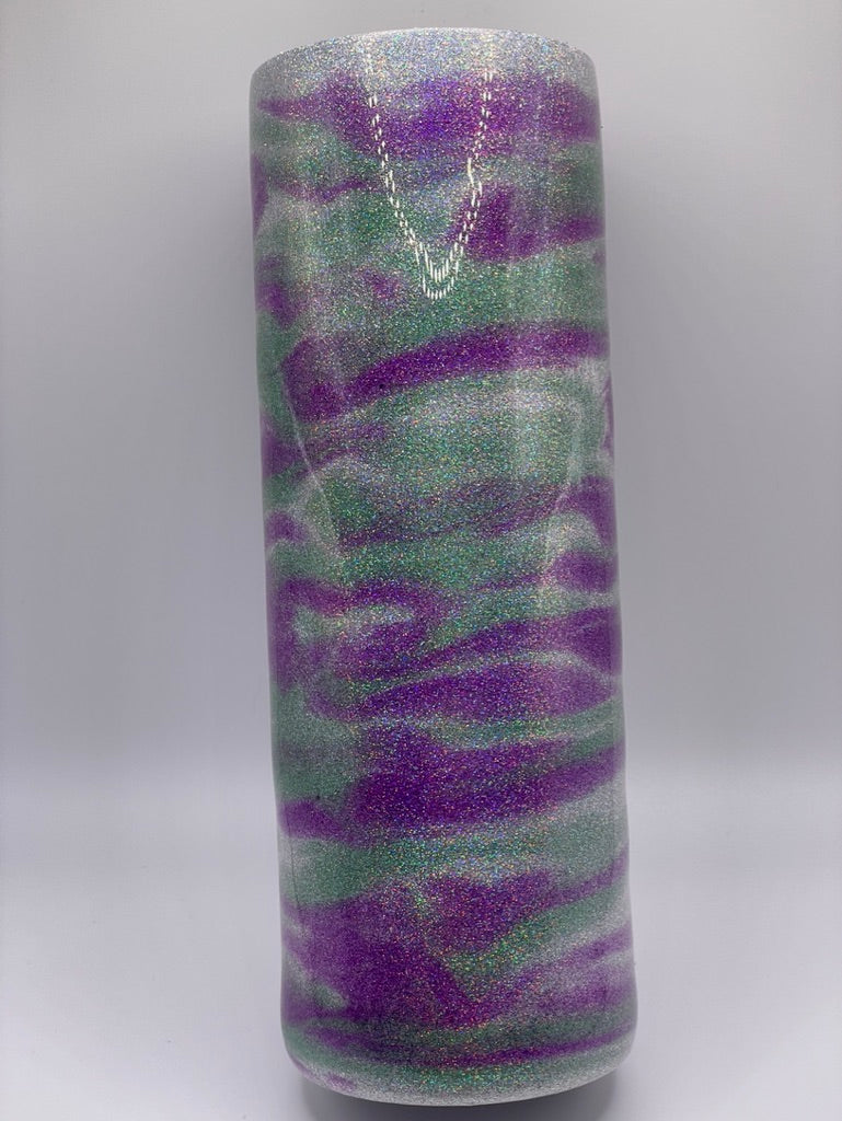 20 Ounce Skinny Silver base with metallic purple green ink swirl