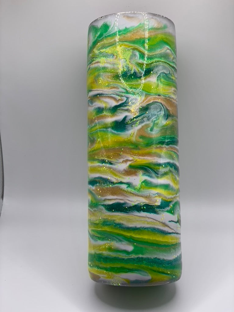 20 Ounce Skinny Green Gold White Ink Swirls