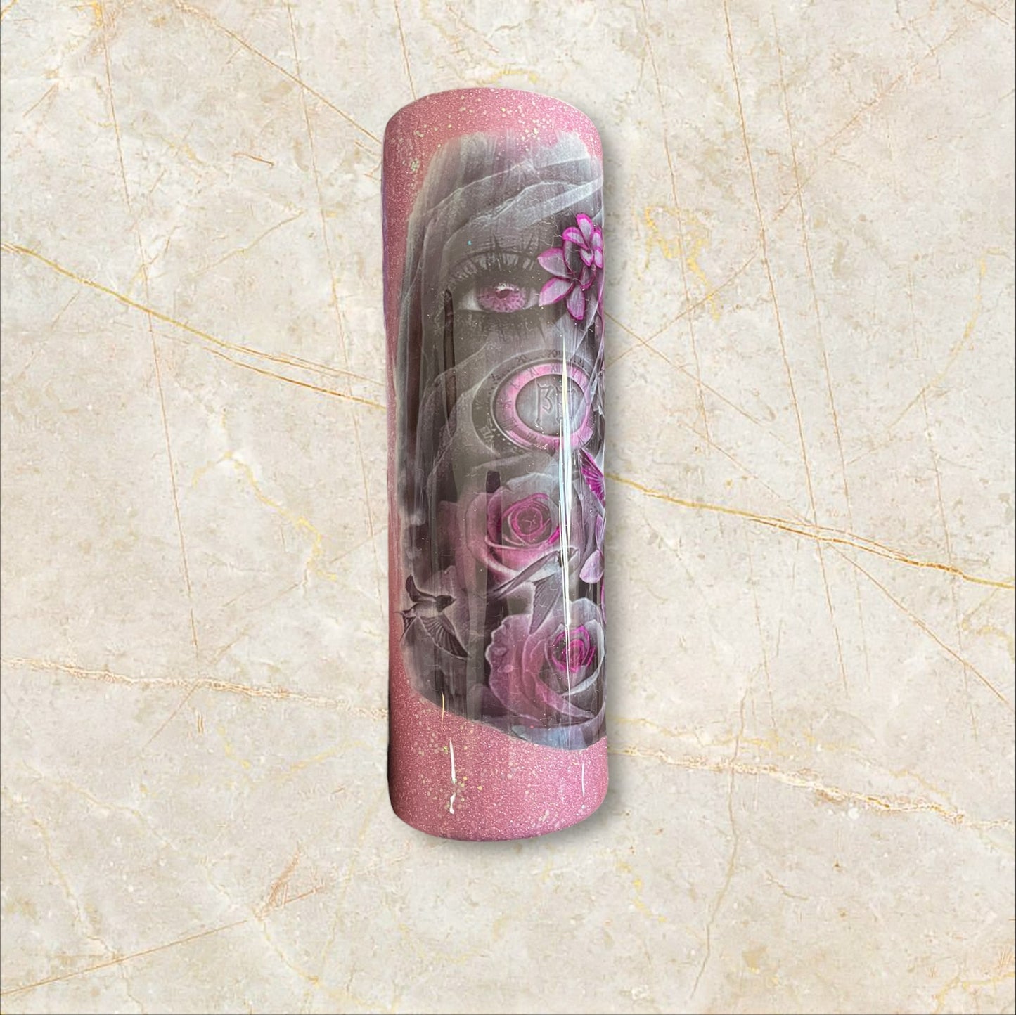 #77. Pink glitter, pink floral, eyes roses, birds tattoo