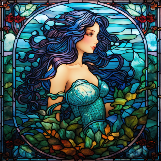 Blue Haired Mermaid Stained Glass Design 30 Ounce